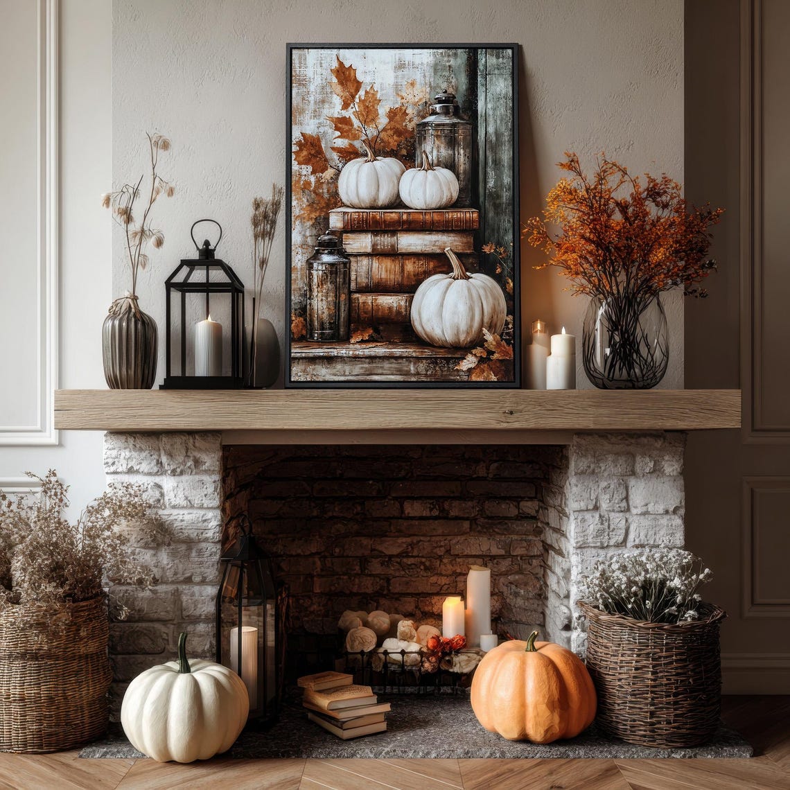 Vintage Books White Pumpkins Autumn Lanterns Fall Harvest Art Poster