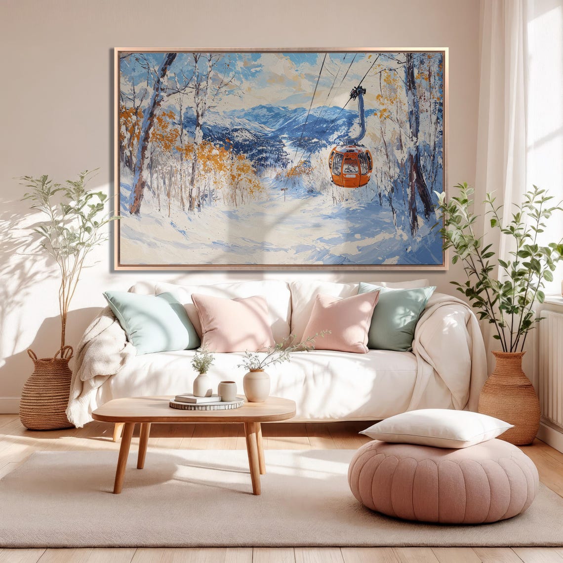 Orange Gondola Cabin Over Snowy Slope Birch Trees Ski Poster - Image 5