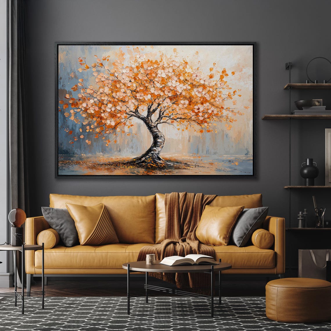 Orange Autumn Tree with Twisted Trunk Blue Nature Elegant Art Poster - Image 5