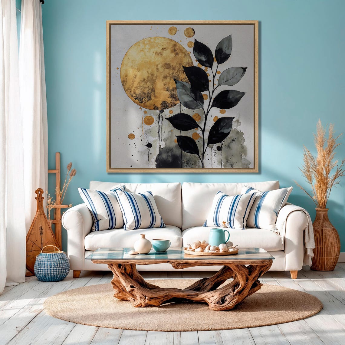 Gold Full Moon With Black Watercolor Leaves Botanical Poster - Image 2