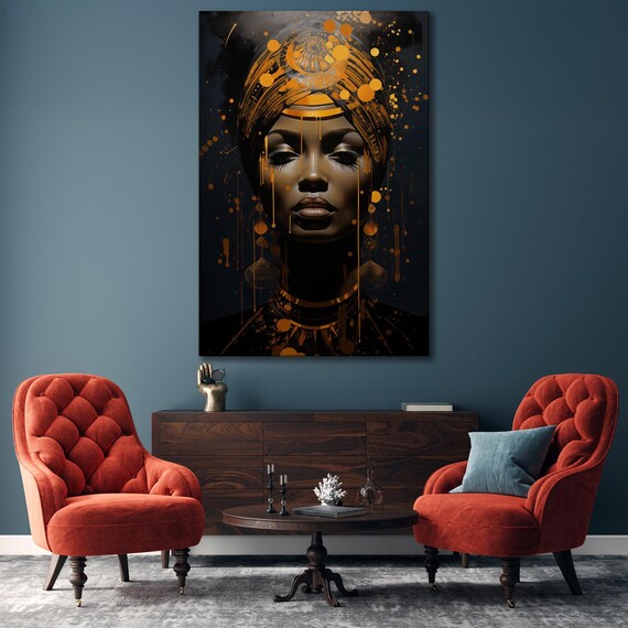 African Woman Fashion Art Print, Black Gold Decor