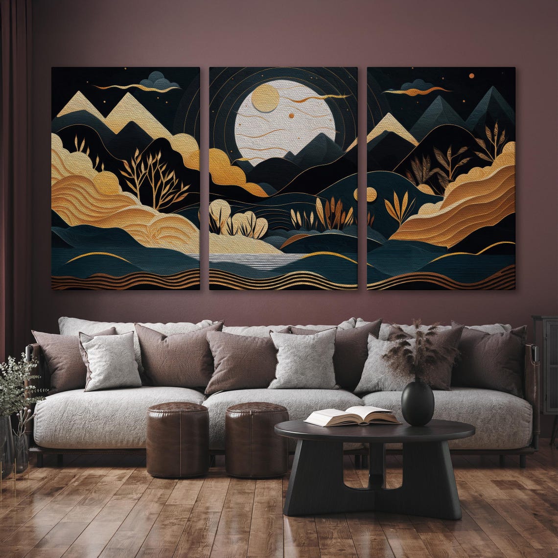 Golden Moon Over Stylized Mountains Panoramic Night Landscape Poster - Image 6