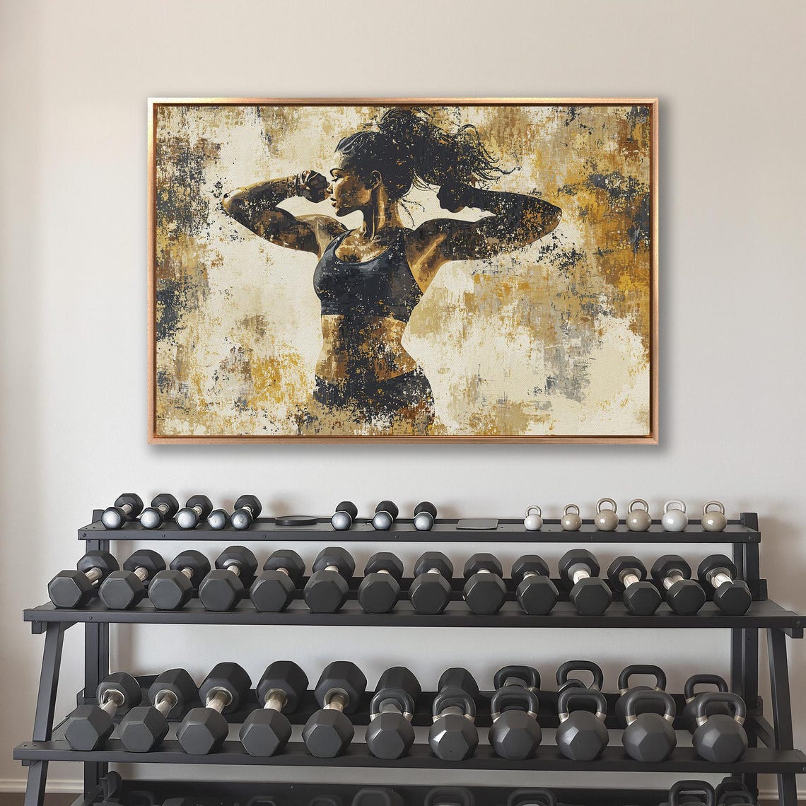 Fit Woman Holding Boxing Stance On Black Gold Abstract Poster - Image 4