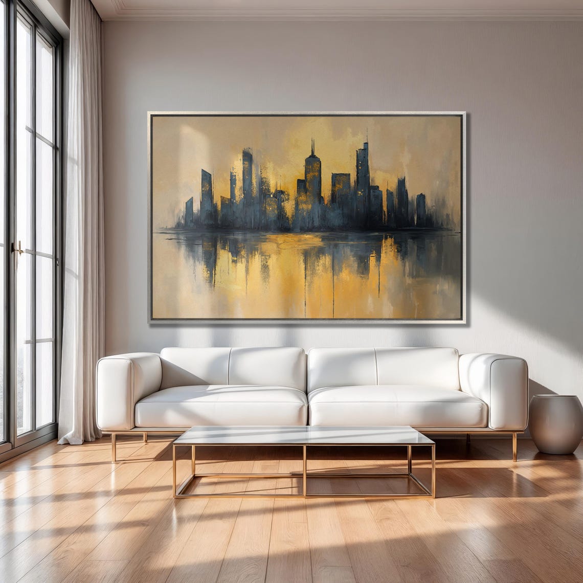 City Skyline Silhouette at Golden Sunset Water Reflection Art Poster - Image 2