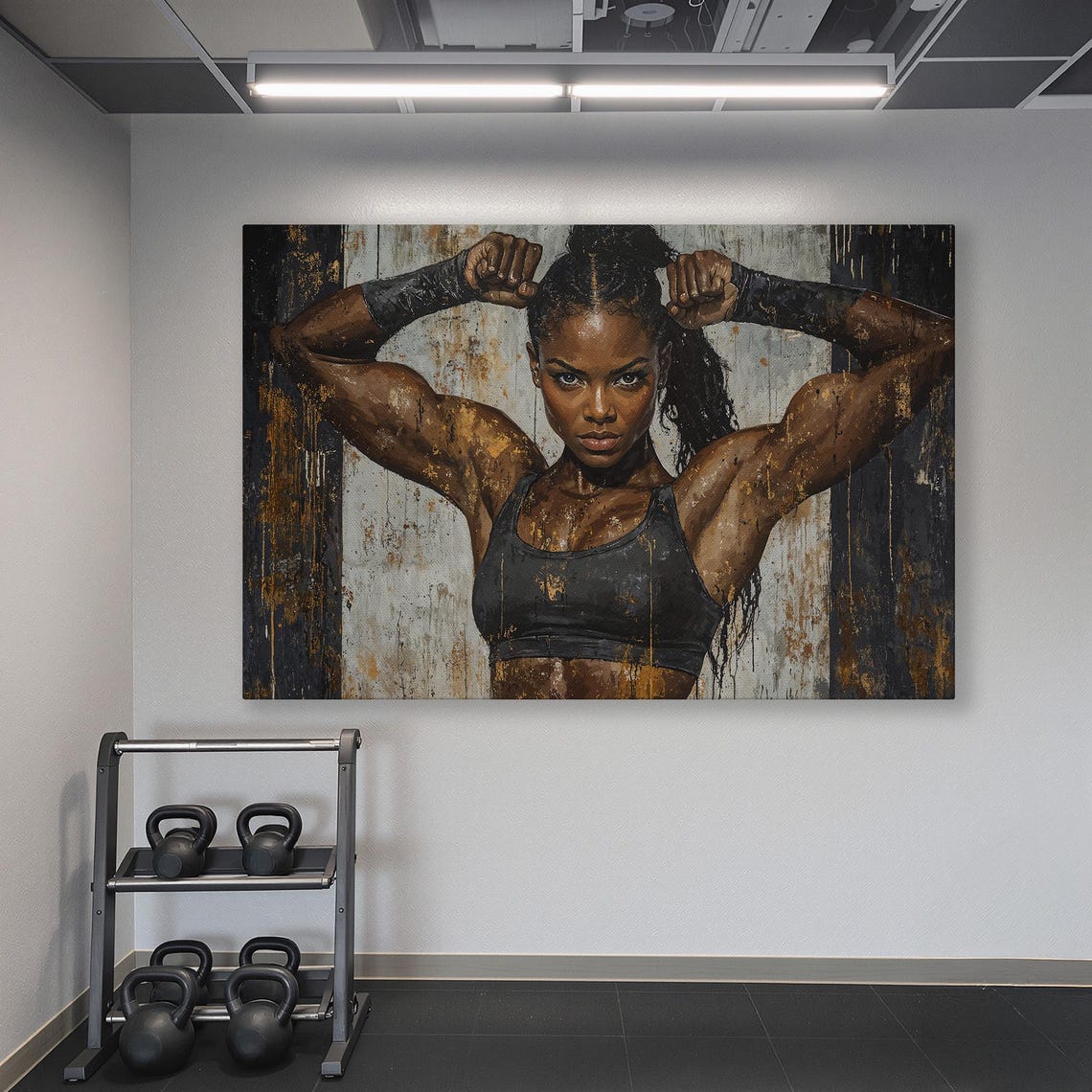 Strong Black Woman Flexing Both Arms On Textured Gray Gym Poster - Image 6