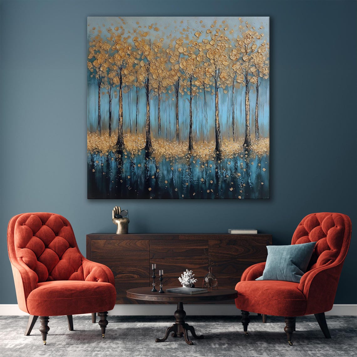 Teal And Gold Abstract Forest With Water Reflection Art Print - Image 6
