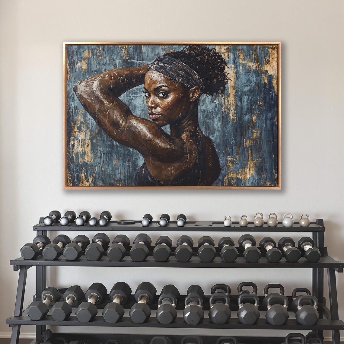 Black Athletic Woman Posing With Arm Raised On Deep Blue Poster - Image 4