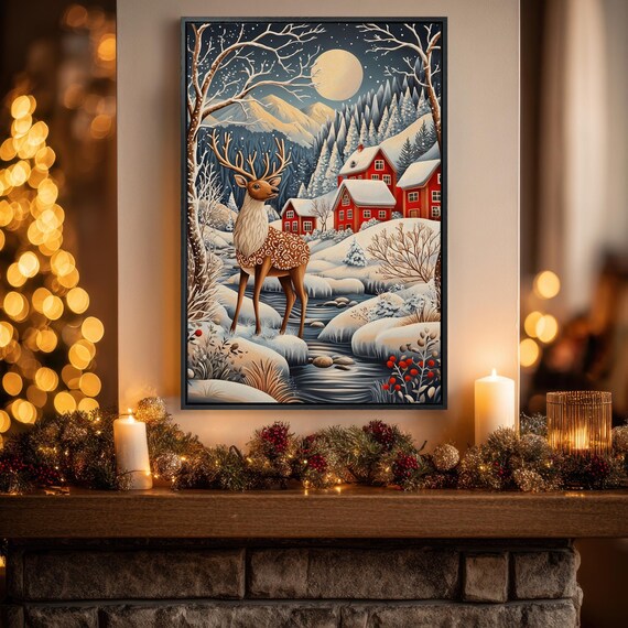 Reindeer Under Moonlit Snowy Village Red Houses Winter Poster