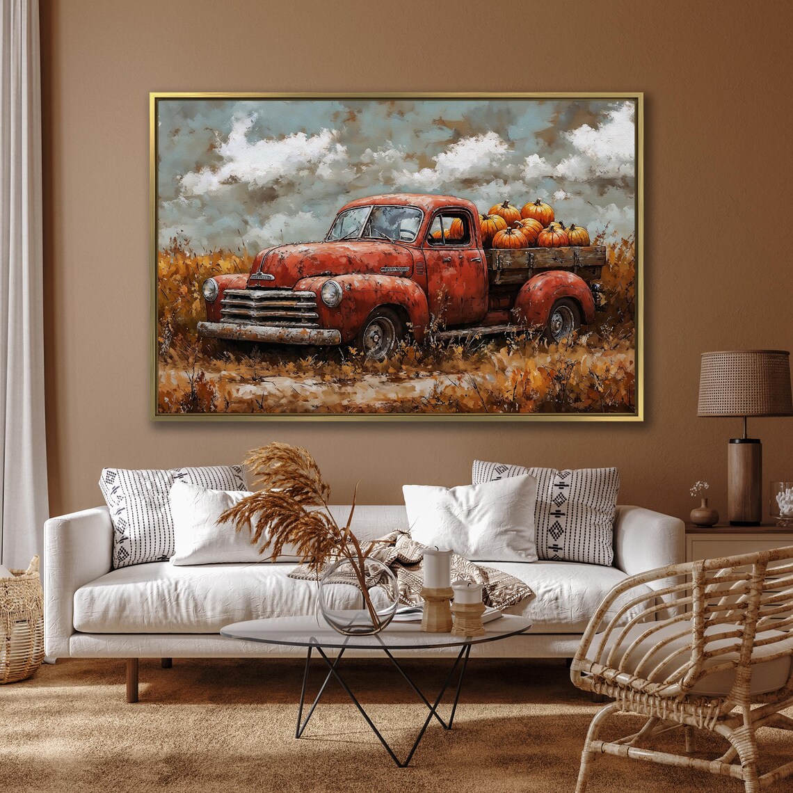 Vintage Red Chevrolet Pickup Truck Loaded With Pumpkins Poster - Image 4