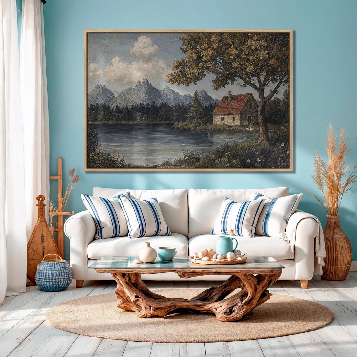 Stone Lakeside Cottage With Mountains Golden Tree Landscape Poster - Image 4