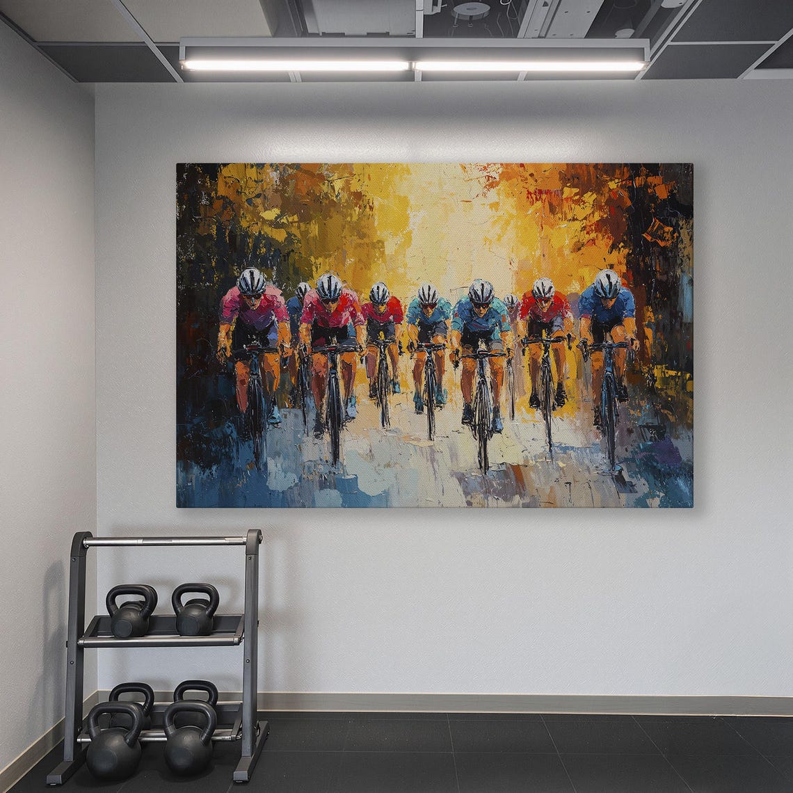Colorful Peloton Cycling Race Painting with Golden Background Poster - Image 6