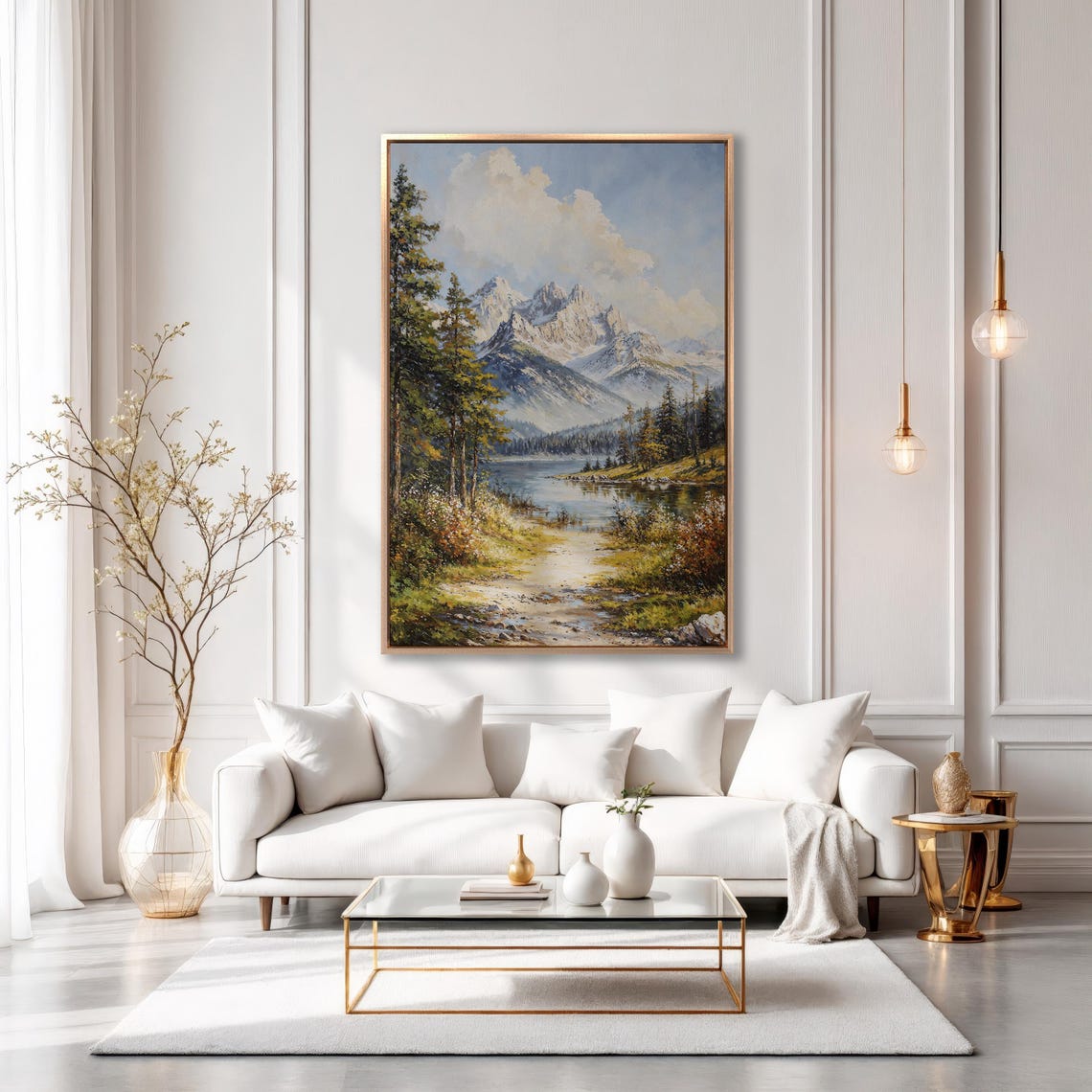 Snowy Mountain Peaks Above Calm Lake With Forest Path Poster - Image 6