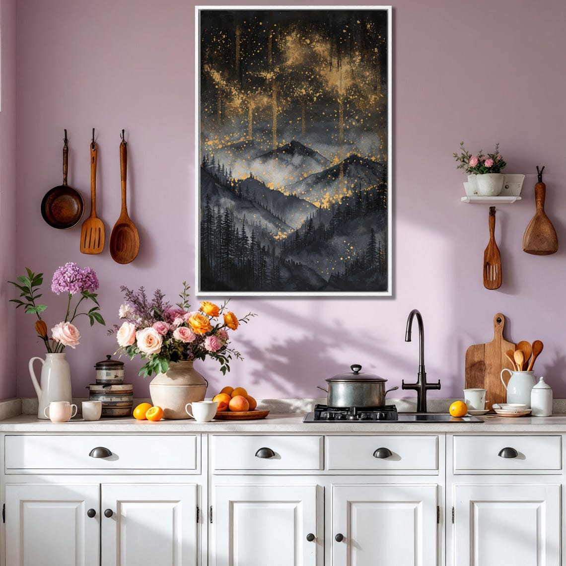 Black And Gold Mountain Night Landscape With Golden Mist Poster - Image 4