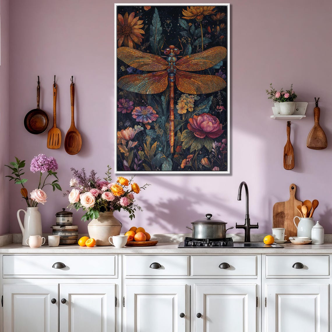 Iridescent Orange Dragonfly in a Purple Night Garden Scene Poster - Image 3