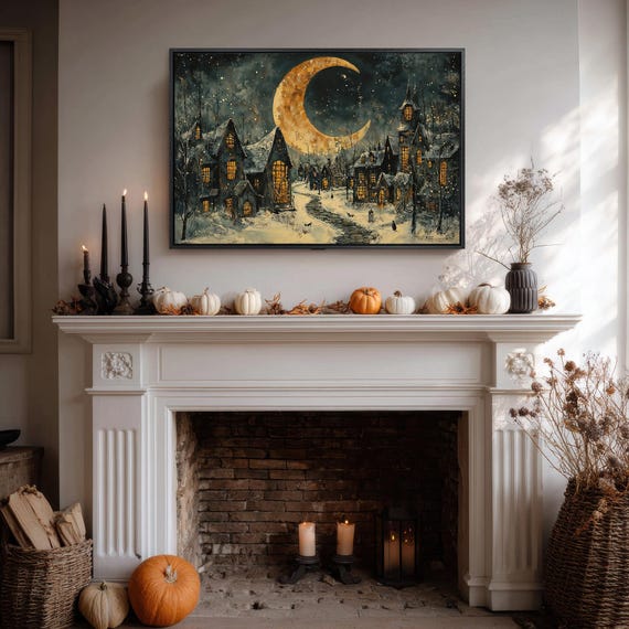 Moonlit Halloween Village Golden Crescent Moon Spooky Night Poster