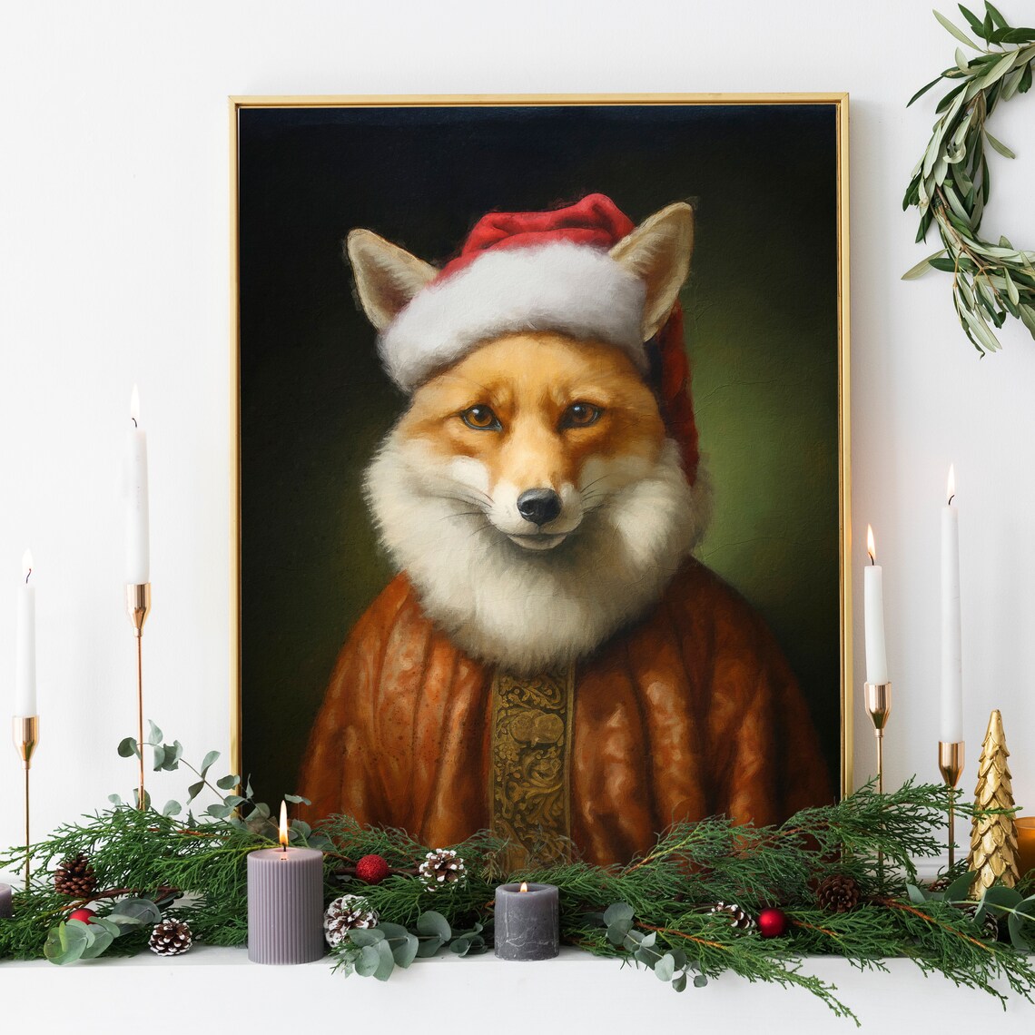 Christmas Fox Vintage Portrait, Renaissance Animal Art