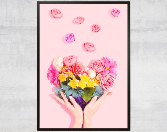 Heart Shaped Flower Bouquet Hands Pink Floral Photography Poster