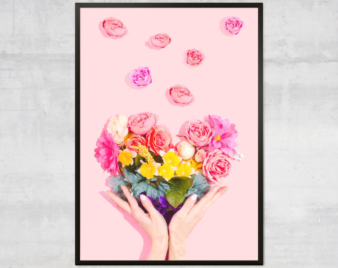 Heart Shaped Flower Bouquet Hands Pink Floral Photography Poster