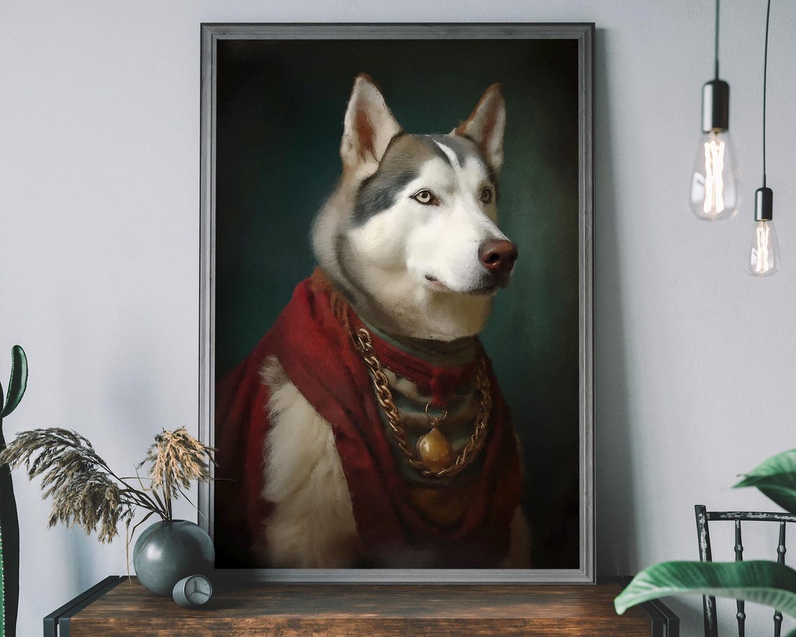Husky Dog Royal Portrait Red Robe Gold Chain Regal Funny Art Poster