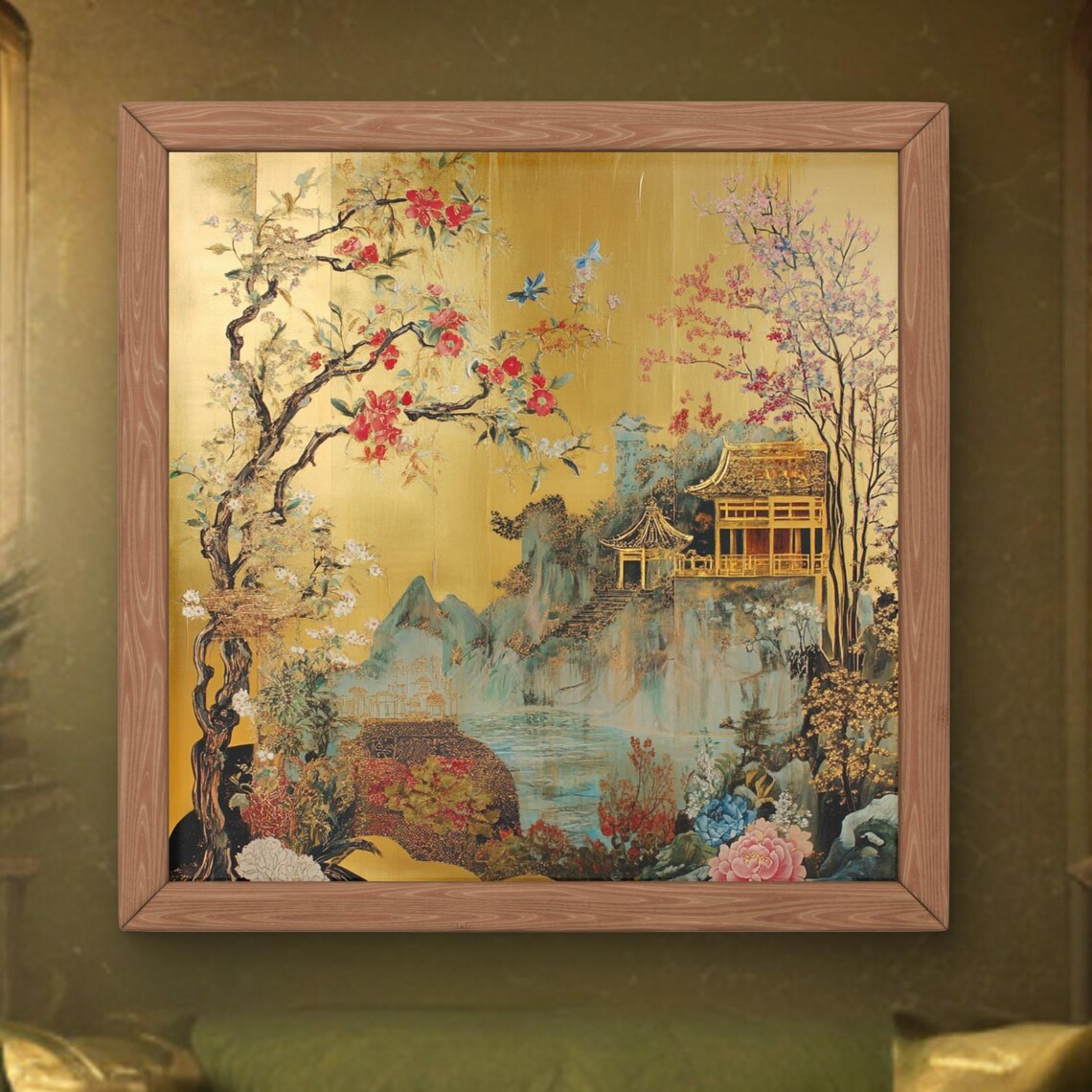 Golden Asian Pagoda Blossom Landscape Painting Print Home Decor