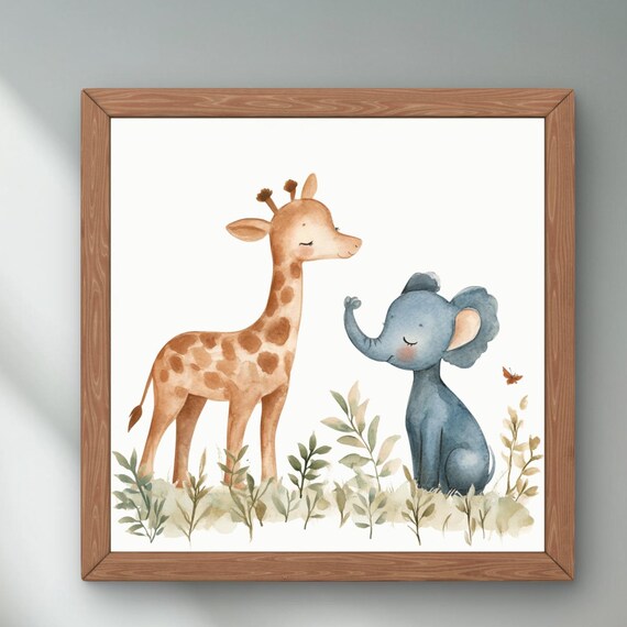 Baby Giraffe Baby Elephant Watercolor Nursery Animal Art Print