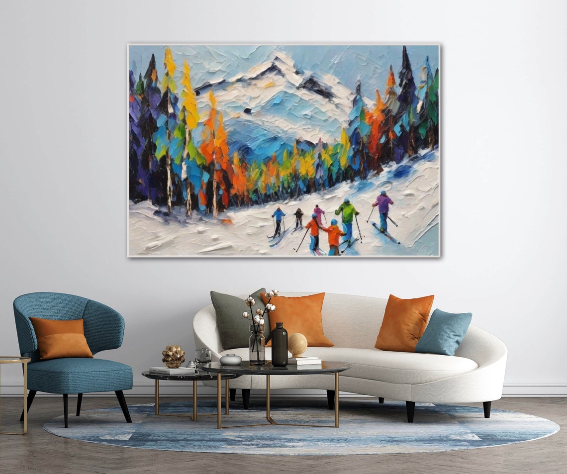 Group Skiing Down A Snowy Mountain Painting Original Winter Skiing Artwork Custom Snowy Painting 3d Thick Textured Personalized Art Gift - Image 2