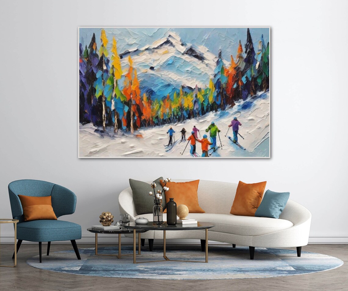 Skiers Descending Colorful Autumn Slope Mountain Impasto Poster - Image 2