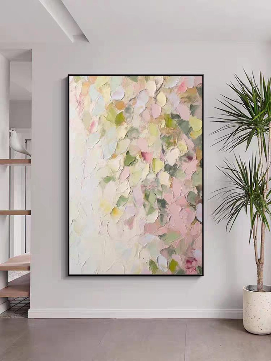 Pastel Pink Petals and Green Leaves Textured Abstract Poster - Image 4