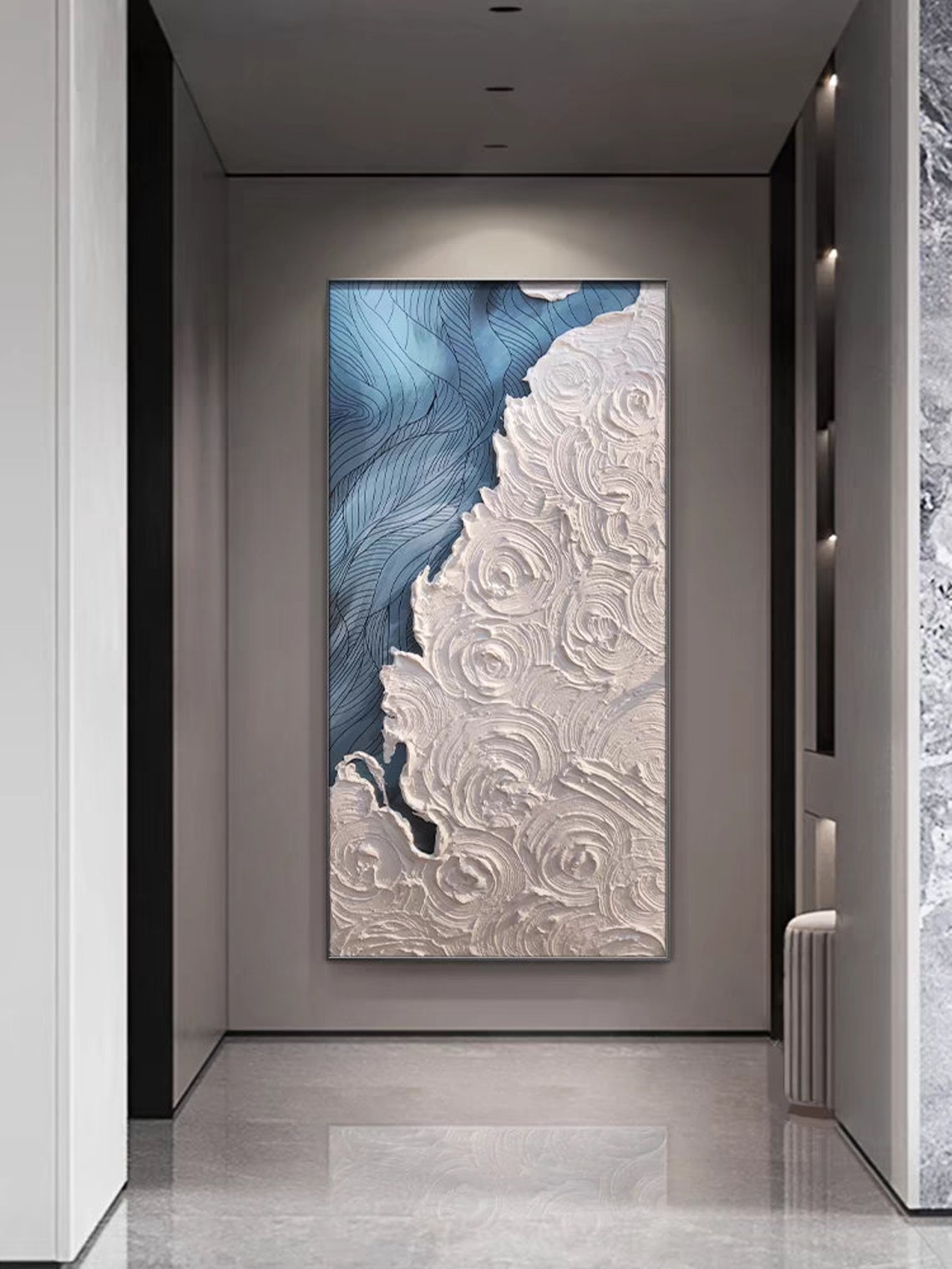 Abstract Blue Waves and White Textured Swirls Split Design Poster - Image 3