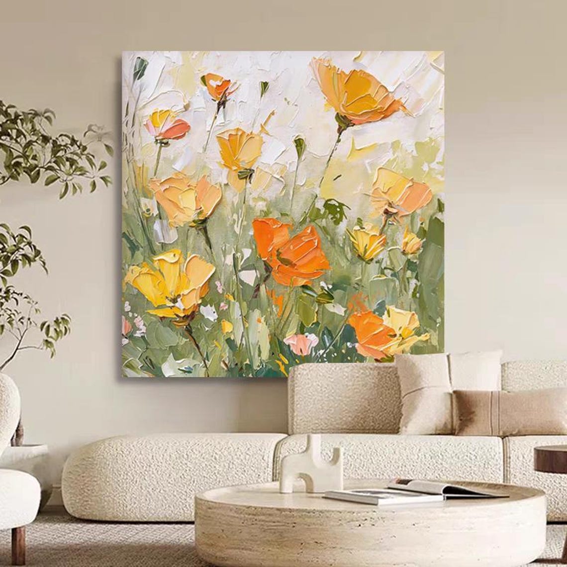 Orange California Poppies in Green Meadow Floral Painting Poster - Image 3