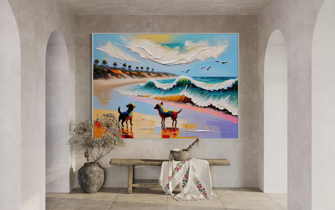 Two Colorful Dogs on Sandy Beach by the Ocean Waves Art Poster - Image 2