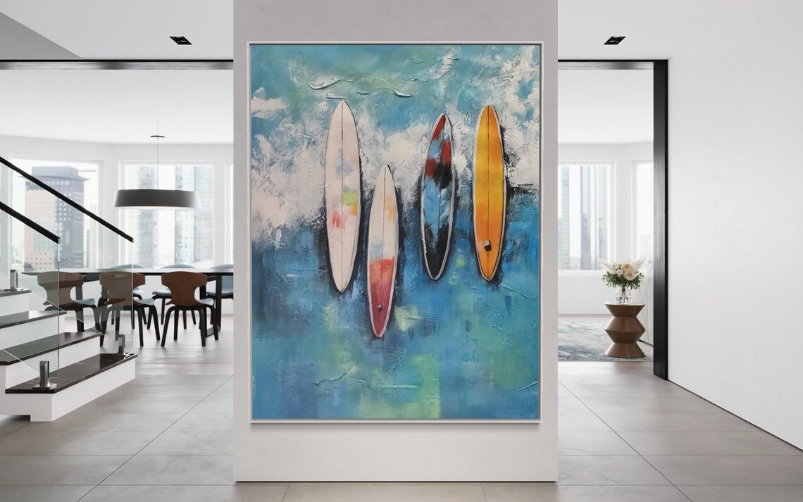 Four Colorful Surfboards Against Blue Ocean Waves Art Poster - Image 3