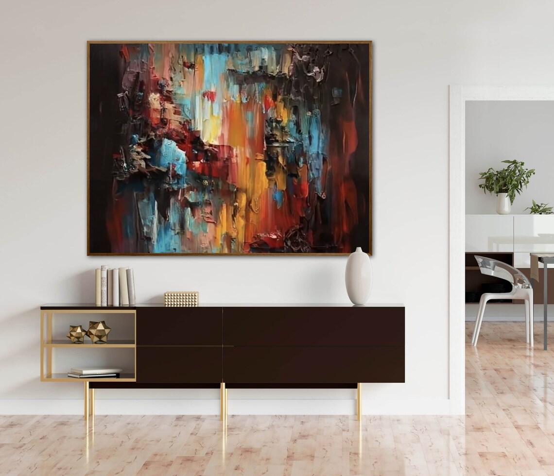 Moody Dark Abstract Blue Red and Gold Textured Oil Painting Poster - Image 3