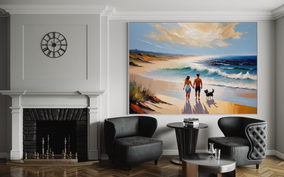 Couple and Dog Strolling Along Sunny Beach with Waves Poster - Image 2