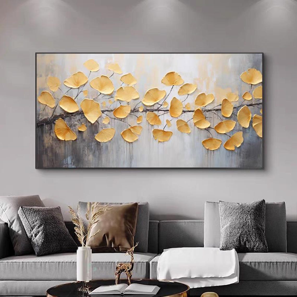 Golden Ginkgo Leaves Branch Textured Horizontal Floral Tree Poster - Image 4