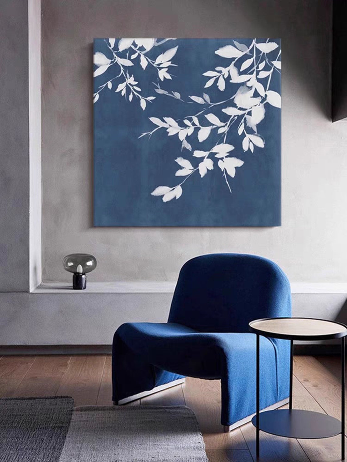 White Branches on Deep Blue Wabi Sabi Botanical Painting Poster - Image 3