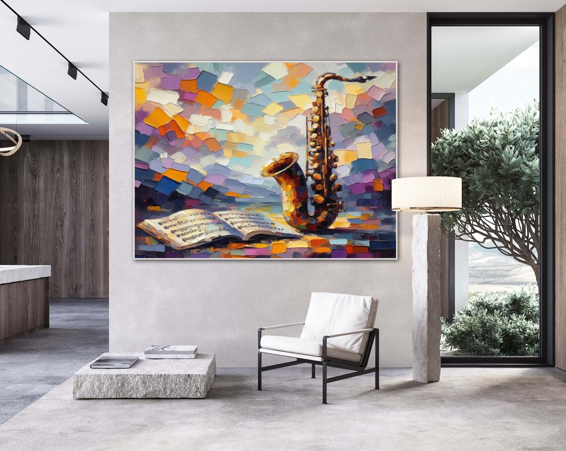Saxophone With Sheet Music Book Colorful Mosaic Jazz Art Poster - Image 2