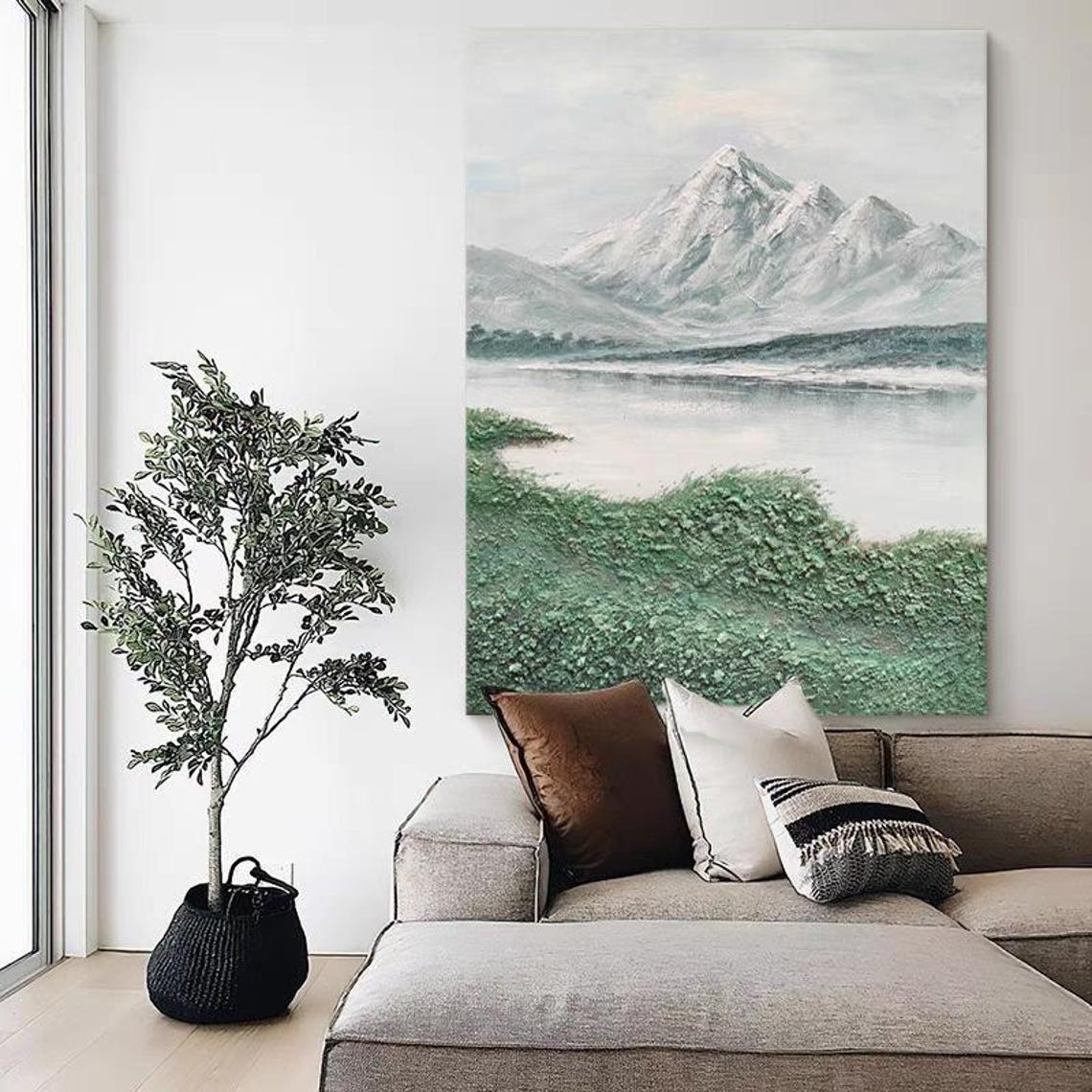 Snowy Mountains Painting Large Size Lakeside Artwork Green Grass Thick Textured Oil Art Portrait Oversized Living Room Wall Decor - Image 3