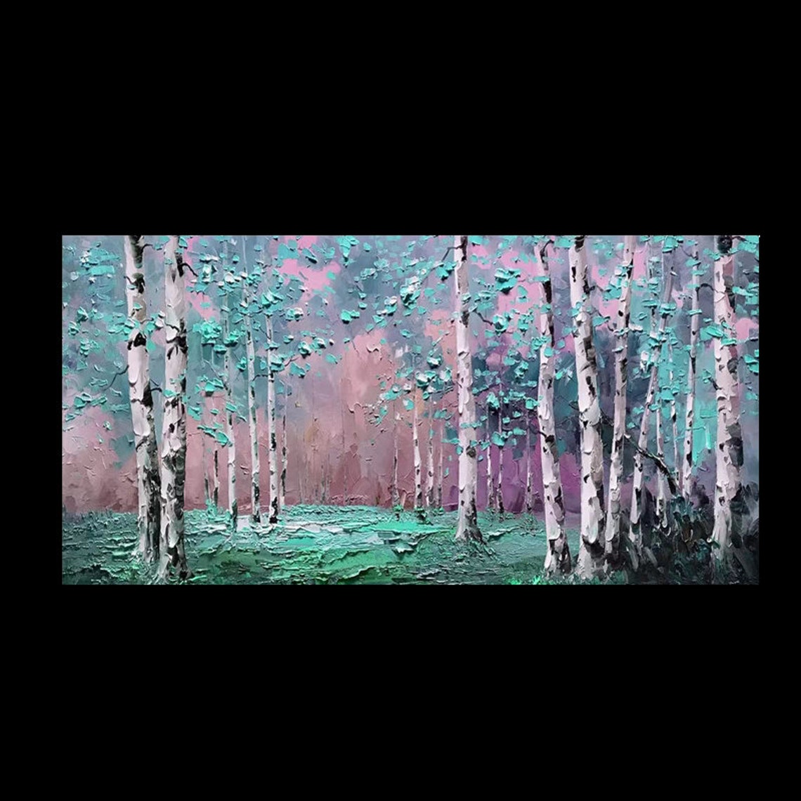 Pink Birch Forest With Mint Green Abstract Landscape Painting Poster - Image 4