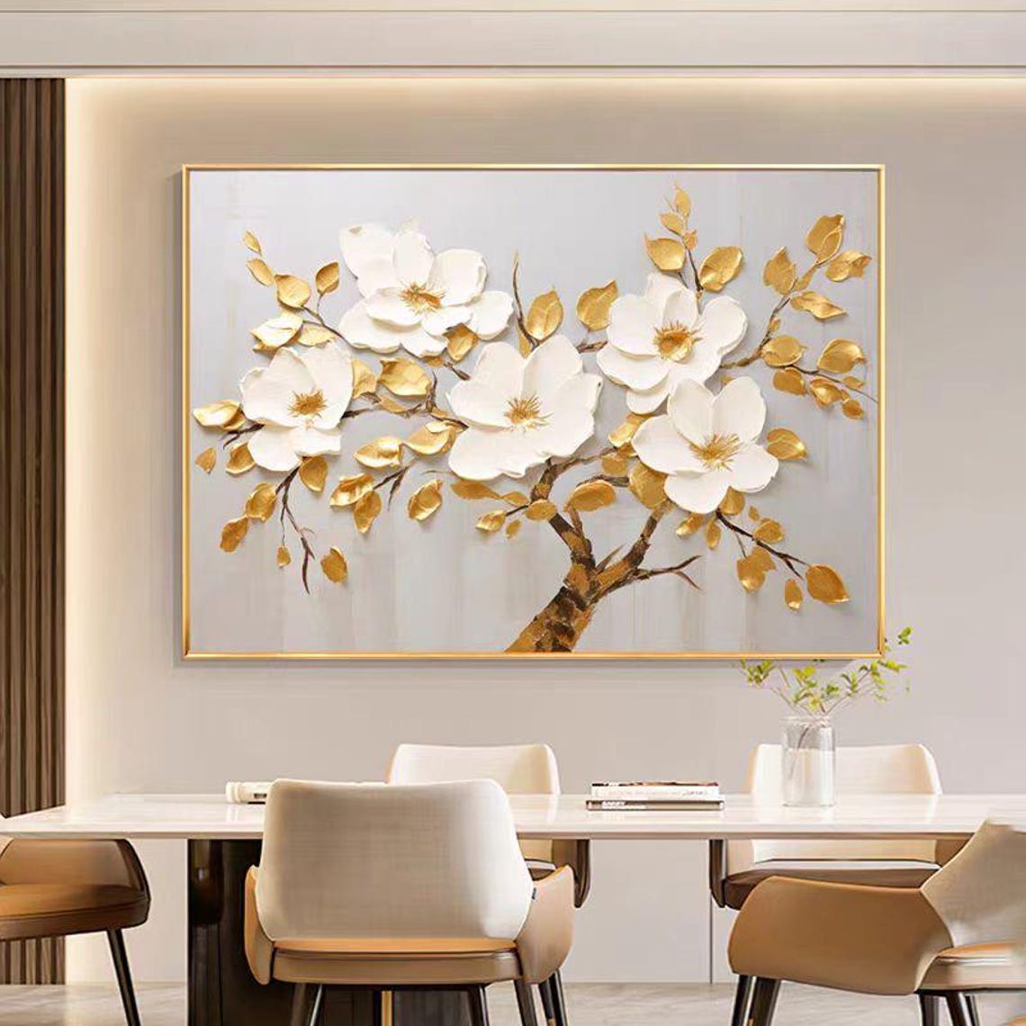 White Blossoms Gold Leaves Branch Textured Horizontal Floral Poster - Image 4