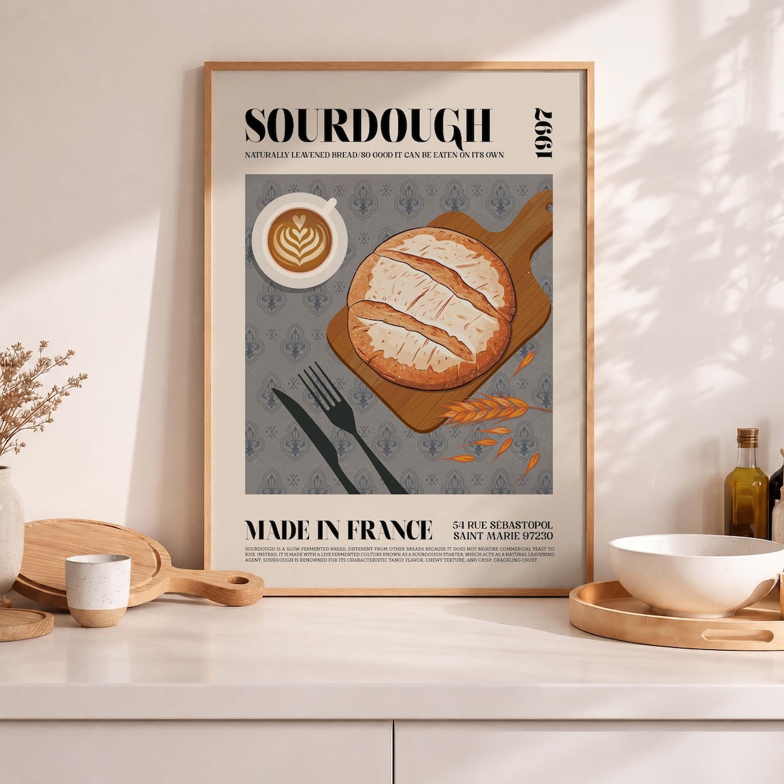 French Sourdough Art Print, Foodie Kitchen Illustration