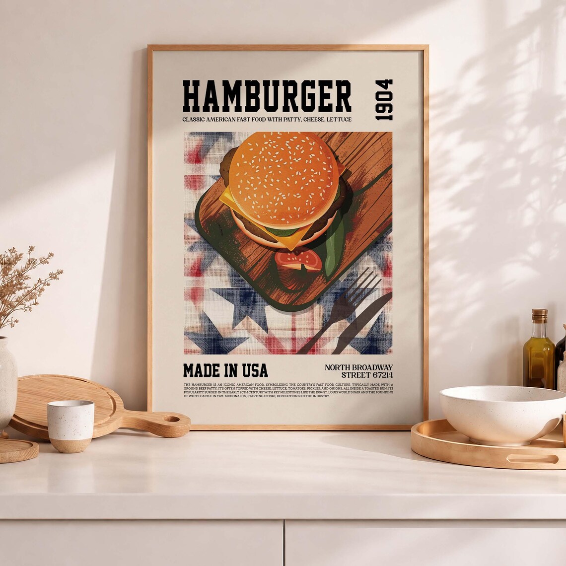 Retro Hamburger Print, USA Diner Food Art