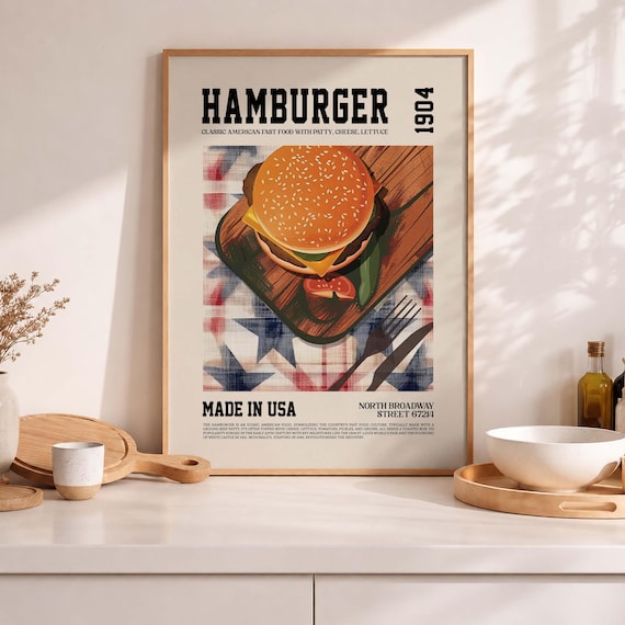 Retro Hamburger Print, USA Diner Food Art