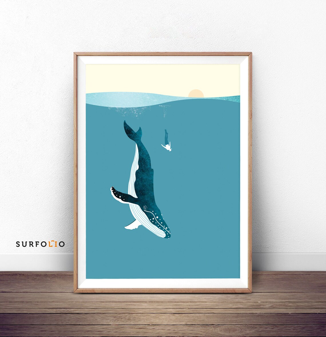 Humpback Whale Diver Art Print, Ocean Illustration