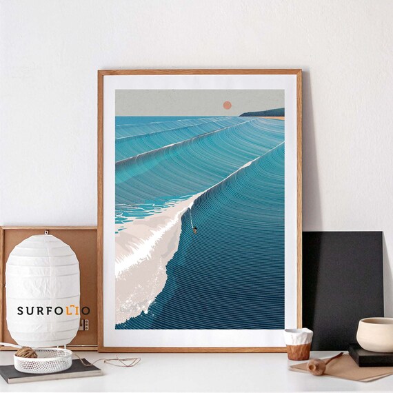 Minimalist Ocean Wave Line Art With Tiny Surfer Coastal Poster