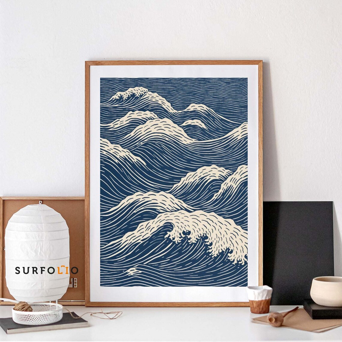 Linocut Wave Print, Japanese Retro Ocean Art