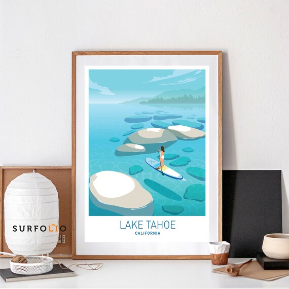 Lake Tahoe California Paddleboard Rocks Retro Travel Art Poster