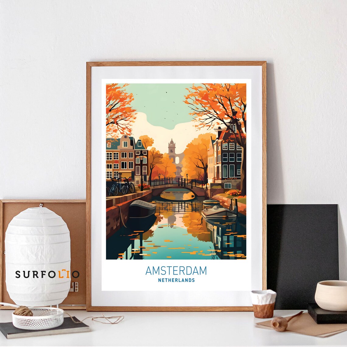 Amsterdam Netherlands Travel Poster, Canal Cityscape