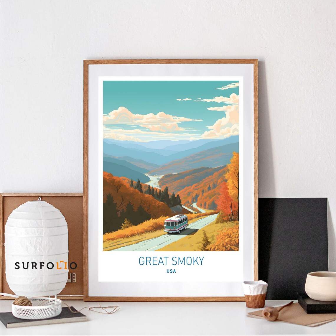 Great Smoky USA Travel Poster Autumn Mountain Road Trip Vintage