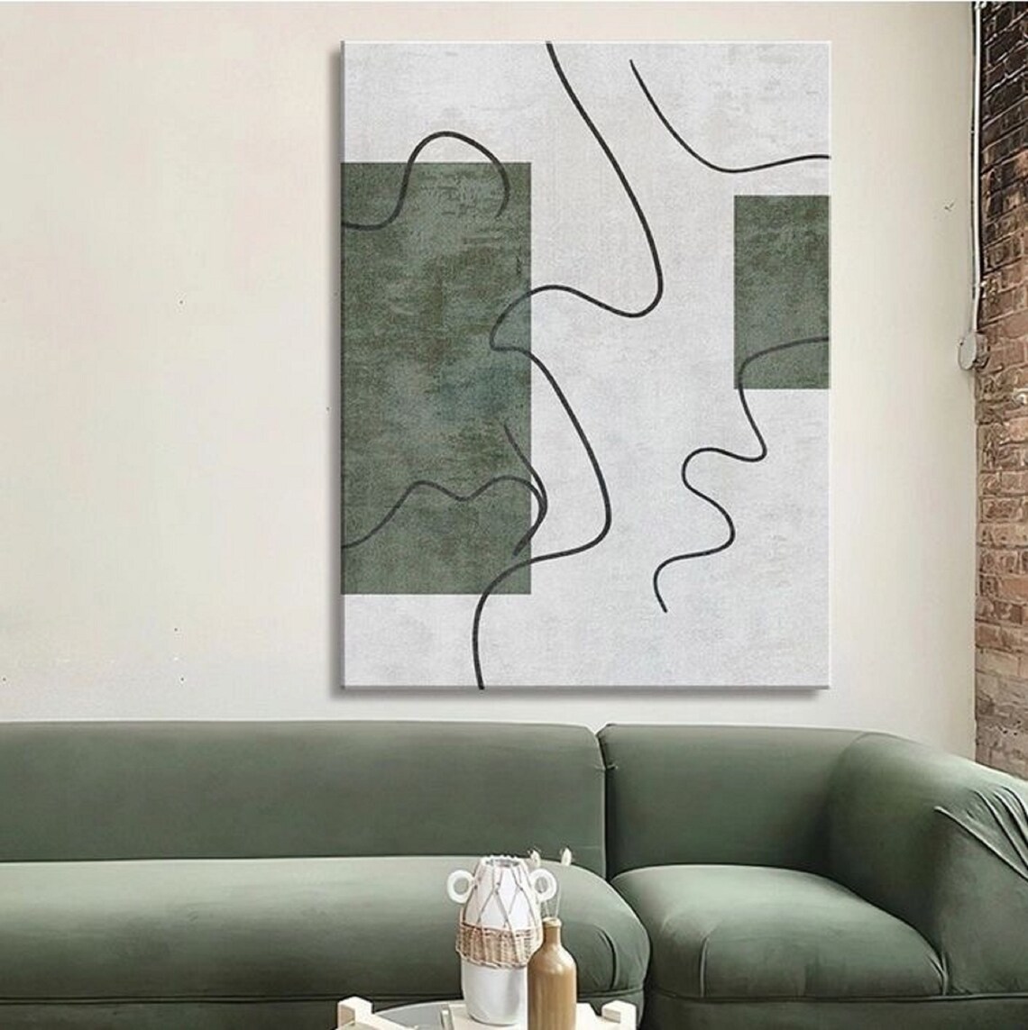 Sage Green Blocks With Black Squiggle Line Playful Art Poster - Image 3